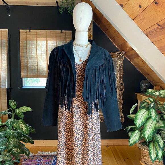 Leather Fringe Jacket Black Vintage - Picture 1 of 9